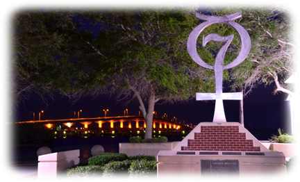 Titusville Florida's Mercury 7 monument and the bridge to Playalinda Beach.